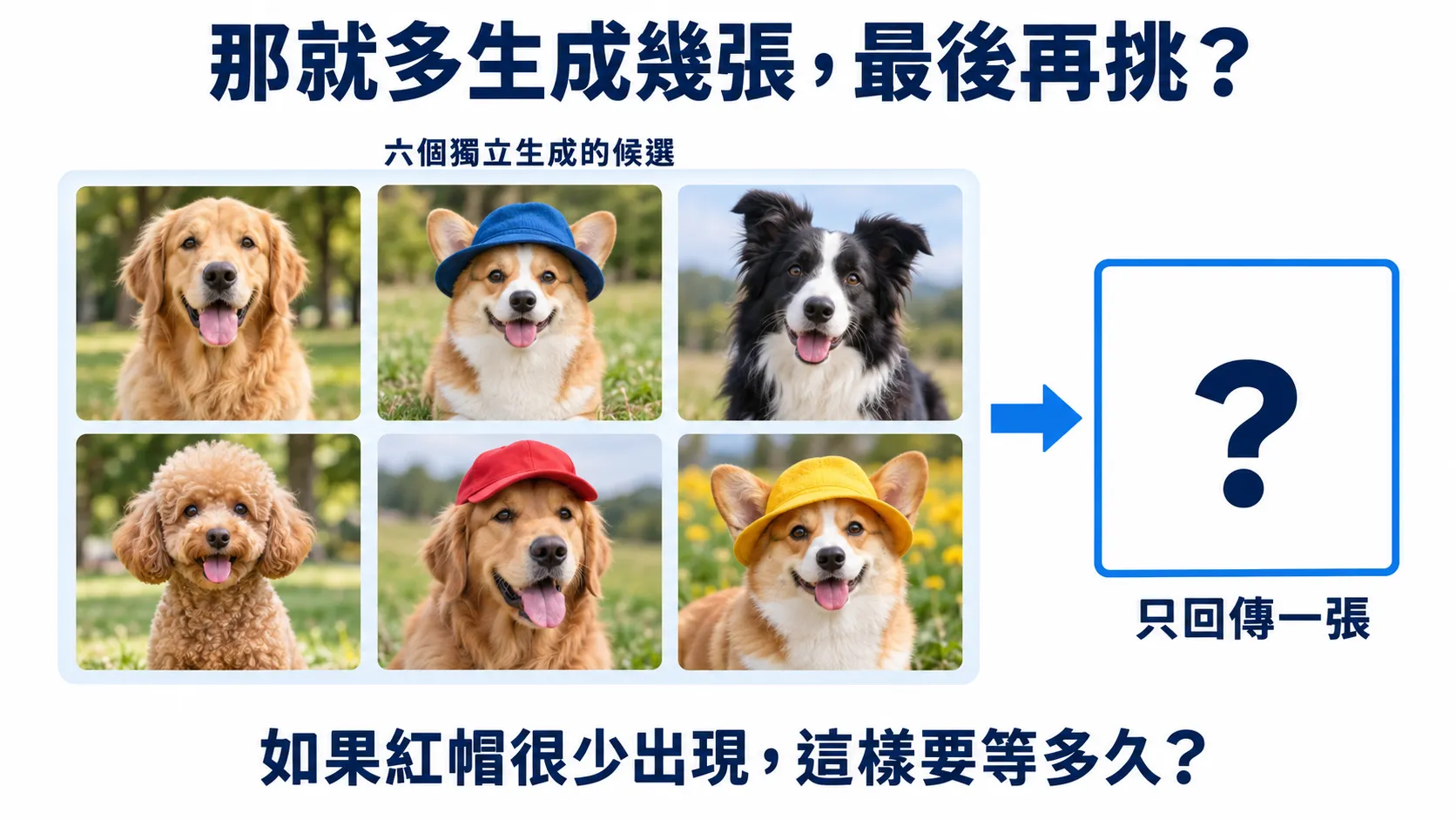 六張獨立完成的狗照片，帽子的顏色與品種不同；右邊是只回傳一張的空框，還沒有選定哪張。六張不是同一張圖的去噪步驟。