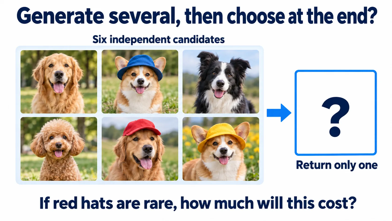 Six independently completed dog photos with different breeds and hat colors. An empty frame on the right will return only one; no winner is selected. These are not denoising steps of one image.