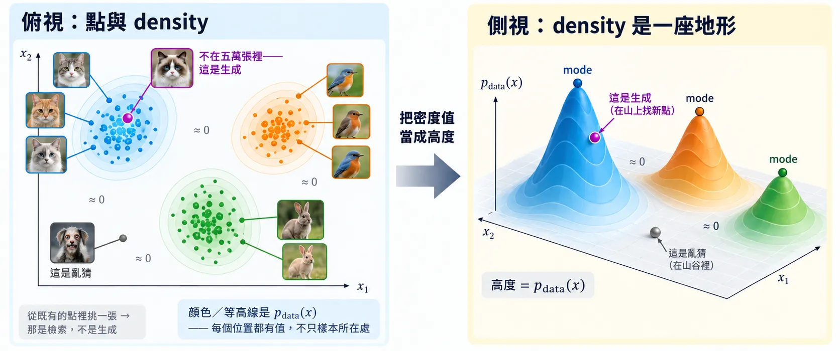示意圖:左格俯視 2D 點雲,三團分別是貓、鳥、兔的照片,顏色與等高線代表密度,一顆紫點落在山峰上但不在既有樣本裡、一顆灰點落在空白處;右格把密度值當成高度立成 3D 地形,三座山峰標 mode。