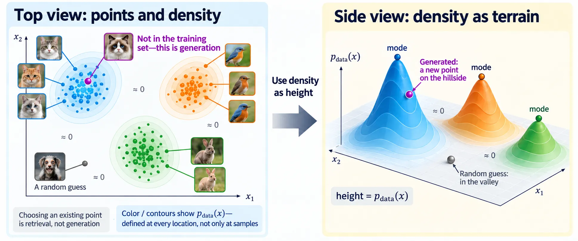 A point cloud grouped into cats, birds, and rabbits, with density contours; the same density shown as a landscape with three modes.