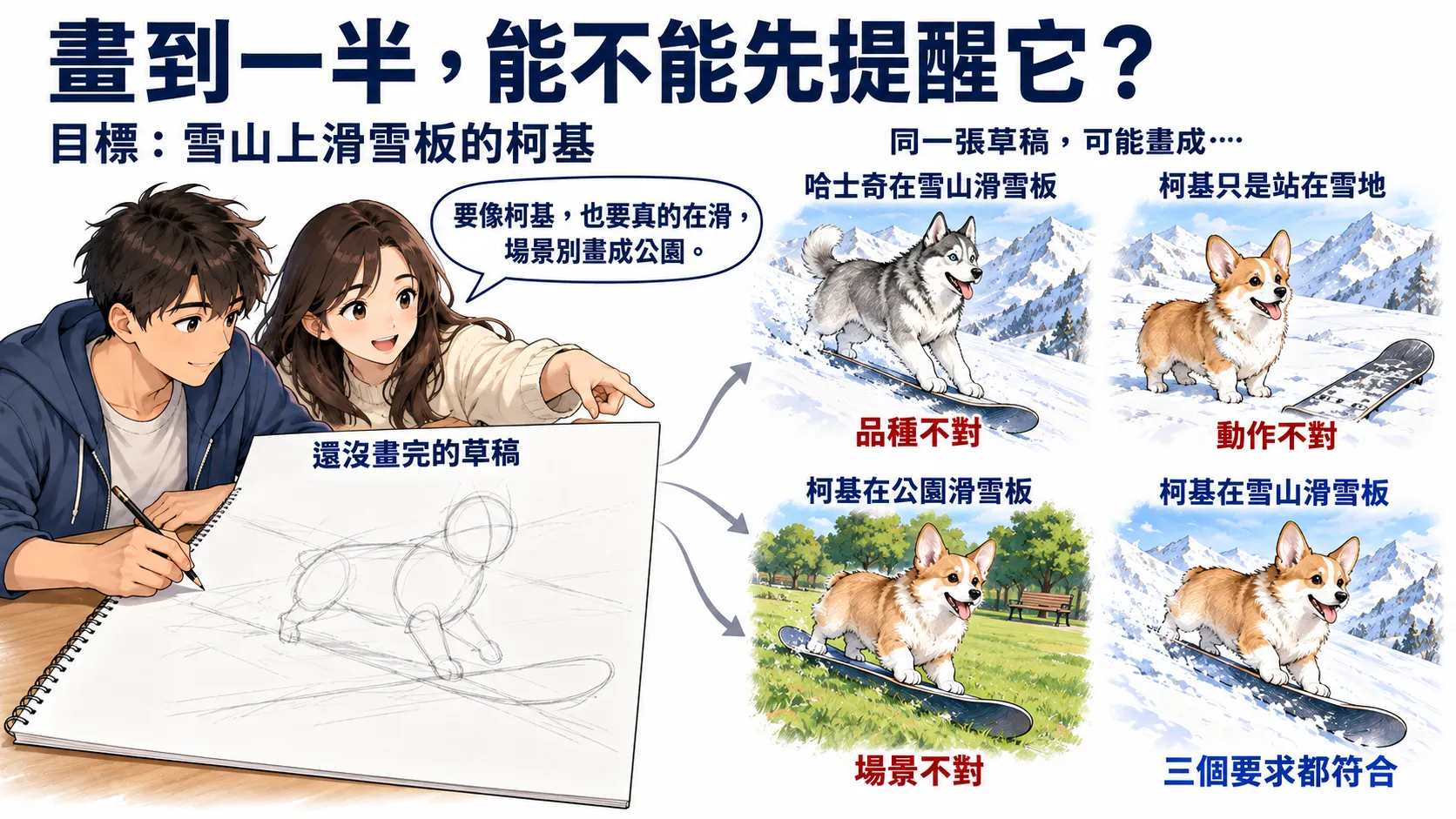 尚未定形的草稿可能變成哈士奇在雪山滑雪板、柯基站在雪地、柯基在公園滑雪板,或符合要求的柯基在雪山滑雪板;朋友在畫的途中提供提醒。